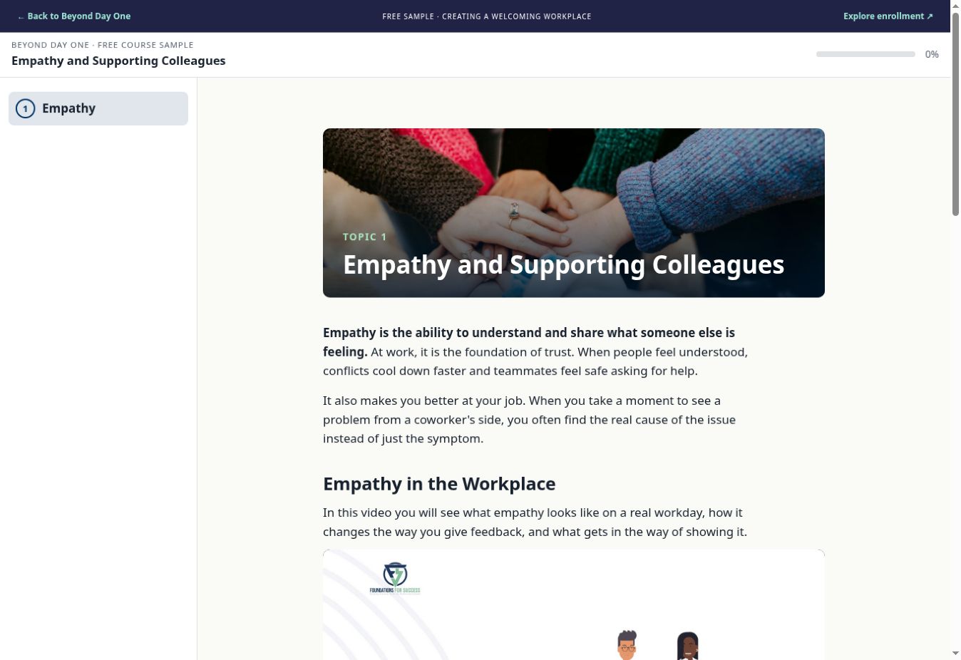 Screenshot of the Empathy and Supporting Colleagues lesson, showing its introduction and course navigation.