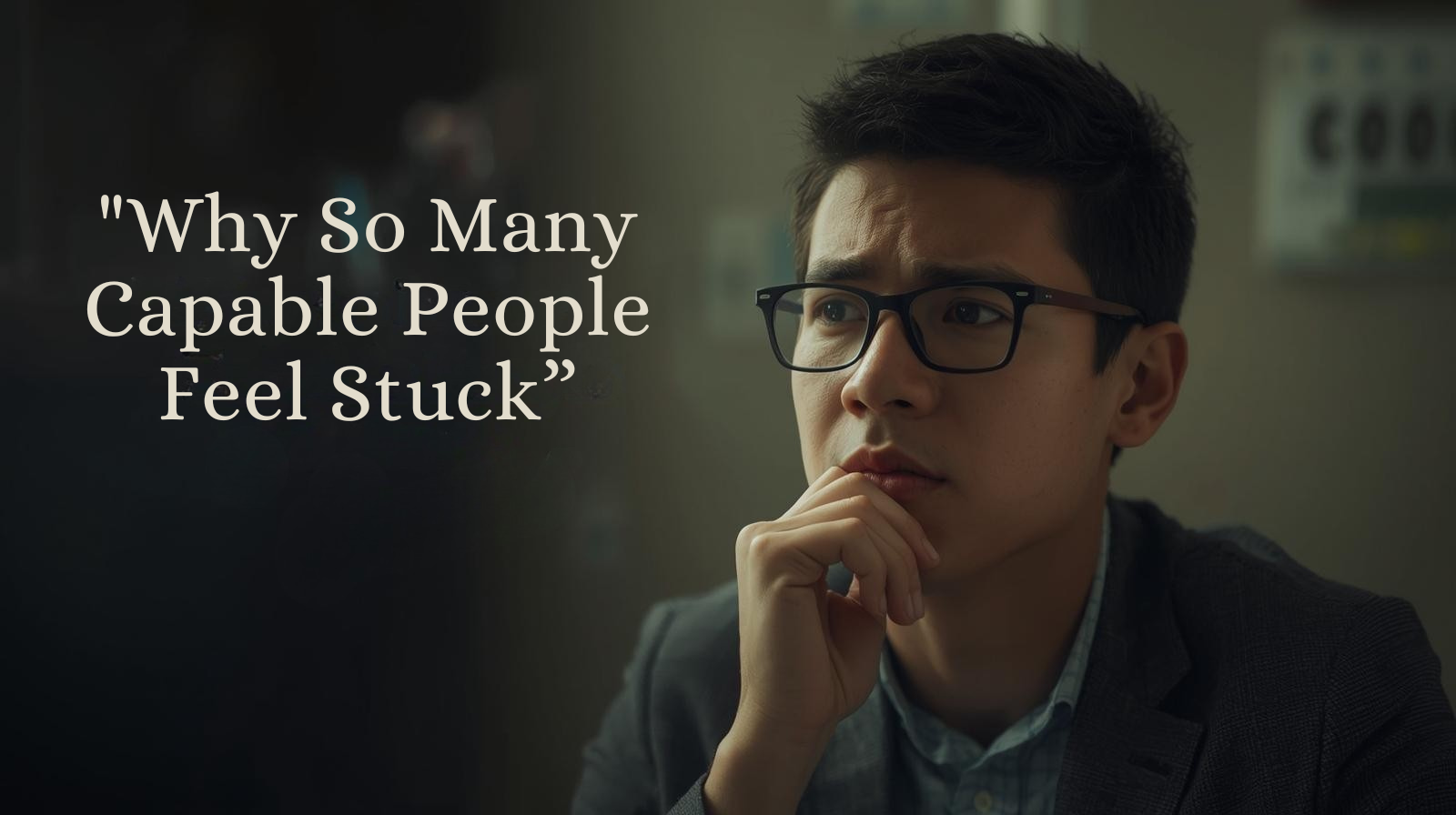 Why So Many Capable People Feel Stuck A thoughtful professional wearing glasses sits at a desk with their hand resting on their chin, looking contemplative. Overlaid text reads, “Why So Many Capable People Feel Stuck.” The image conveys reflection and uncertainty in a workplace setting.